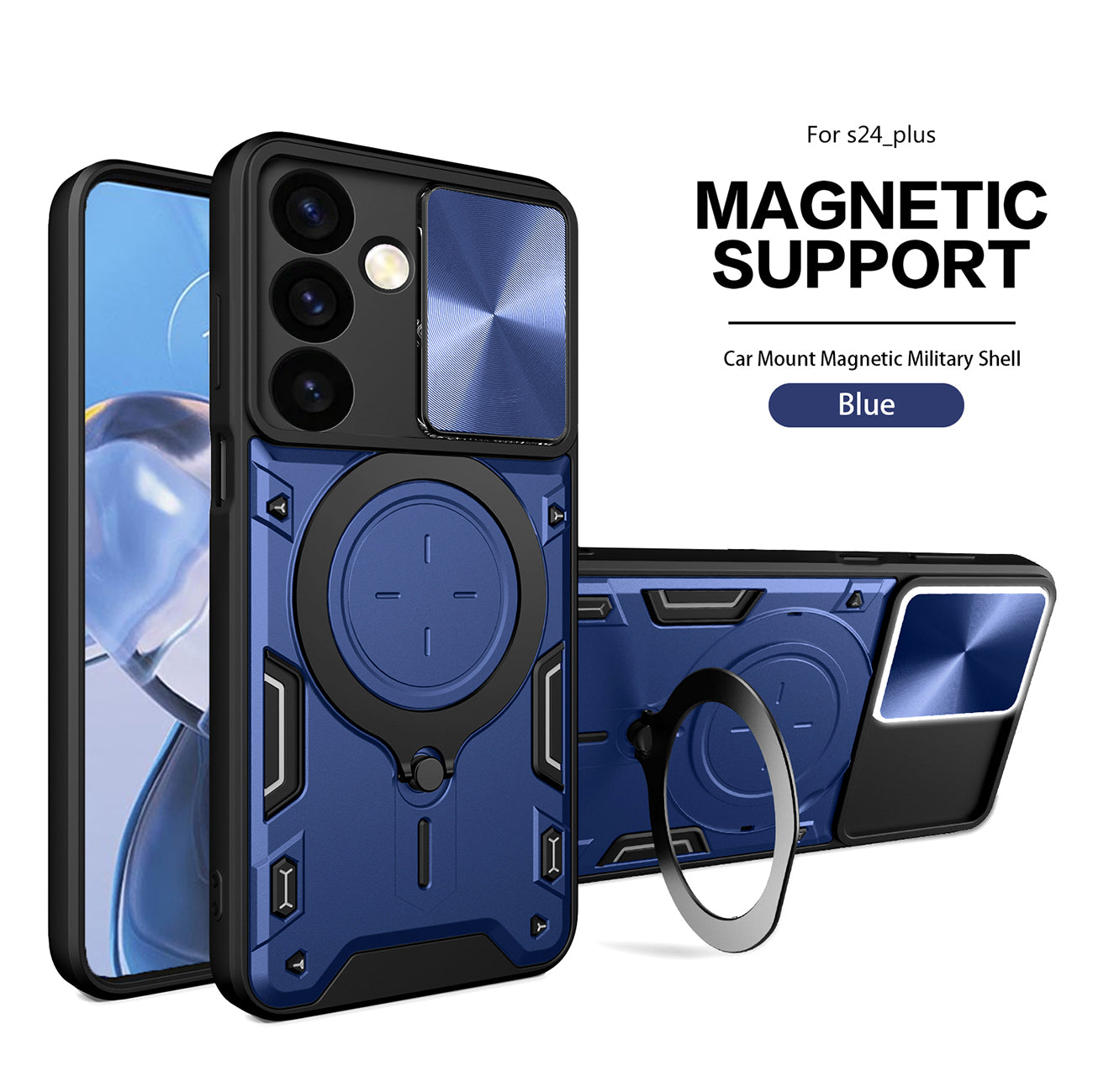 TPU PC Shockproof Magnetic Phone Case with Free Adjustment Ring Holder For Samsung Galaxy S24 Plus in Blue