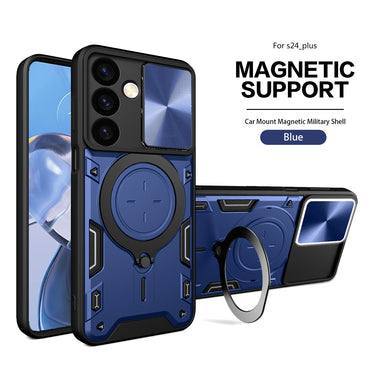 TPU PC Shockproof Magnetic Phone Case with Free Adjustment Ring Holder For Samsung Galaxy S24 Plus in Blue