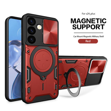 TPU PC Shockproof Magnetic Phone Case with Free Adjustment Ring Holder For Samsung Galaxy S24 Plus in Red