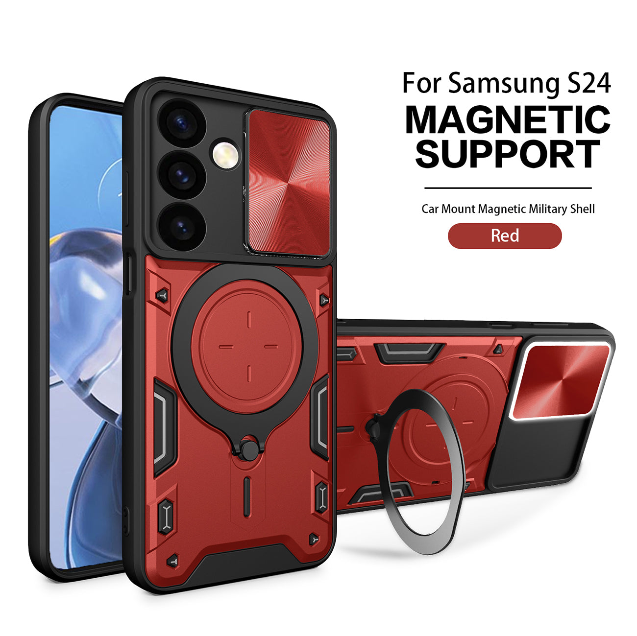 TPU PC Shockproof Magnetic Phone Case with Free Adjustment Ring Holder For Samsung Galaxy S24 in Red