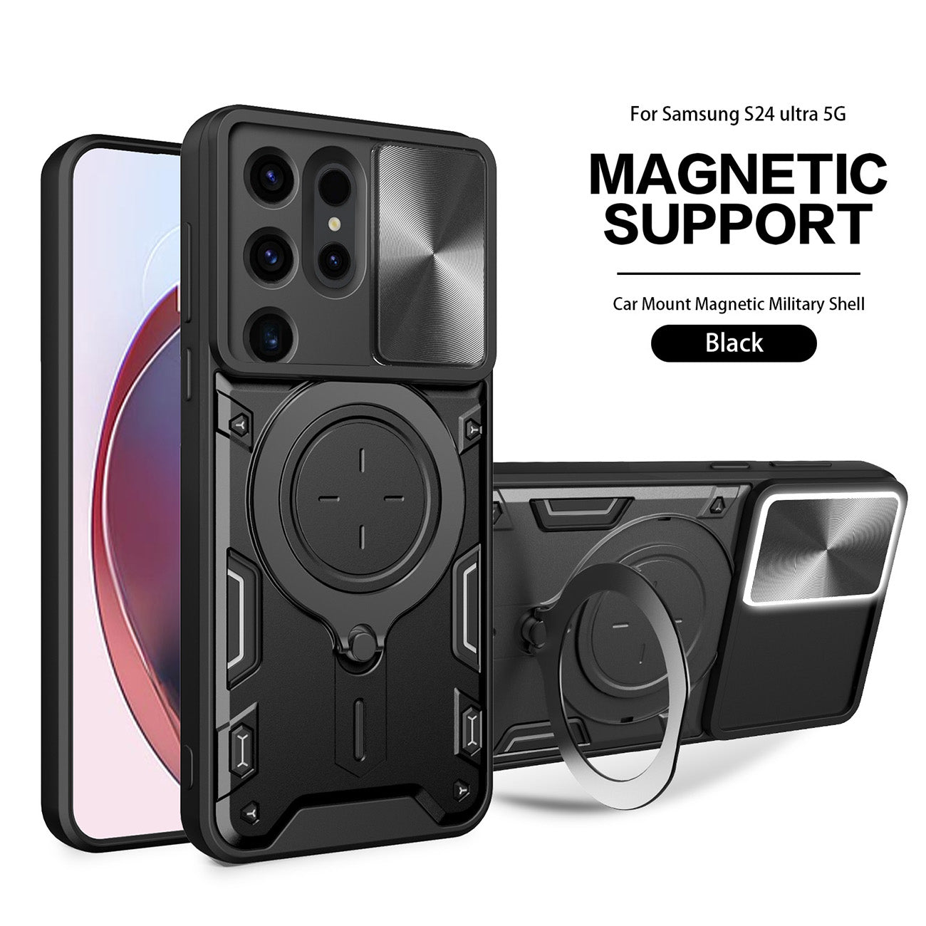 TPU PC Shockproof Magnetic Phone Case with Free Adjustment Ring Holder For Samsung Galaxy S24 Ultra in Black