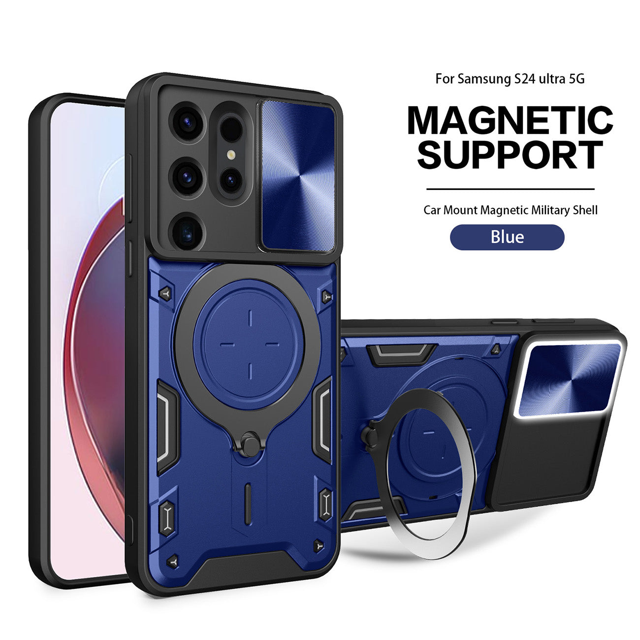 TPU PC Shockproof Magnetic Phone Case with Free Adjustment Ring Holder For Samsung Galaxy S24 Ultra in Blue