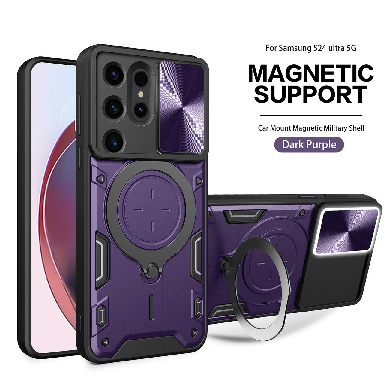 TPU PC Shockproof Magnetic Phone Case with Free Adjustment Ring Holder For Samsung Galaxy S24 Ultra in Purple