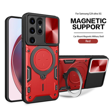 TPU PC Shockproof Magnetic Phone Case with Free Adjustment Ring Holder For Samsung Galaxy S24 Ultra in Red