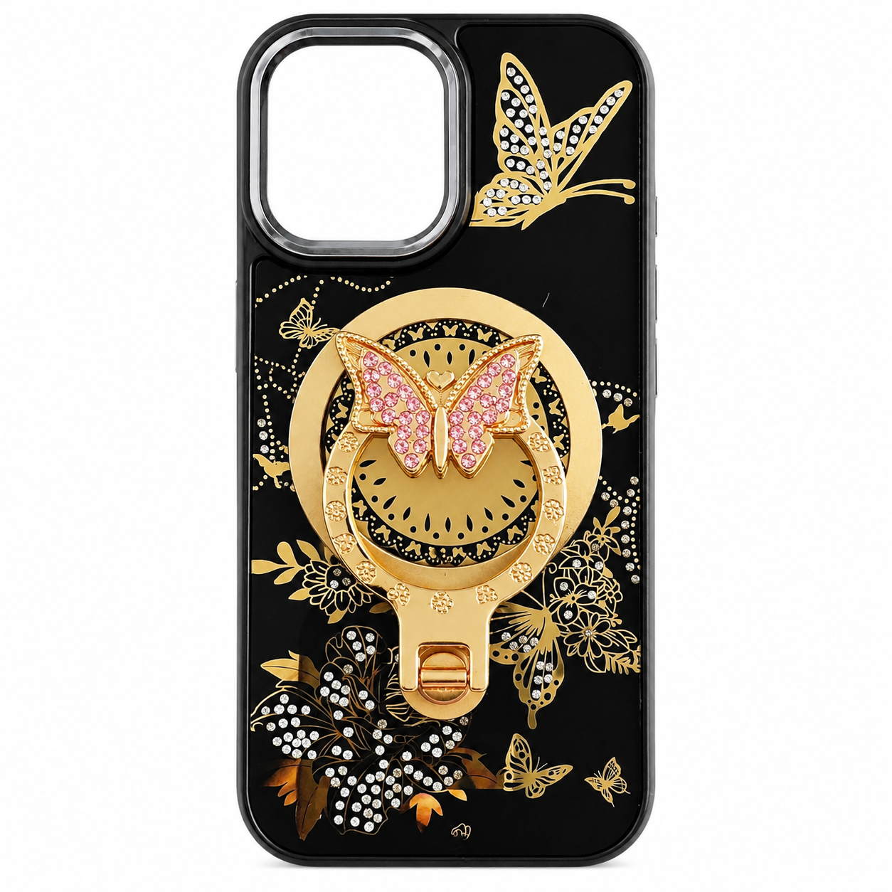 Glitter Sparkle Butterflies Ring Stand Bling Diamond Kickstand Shockproof Protective Cover in black, compatible for   IPHONE 17