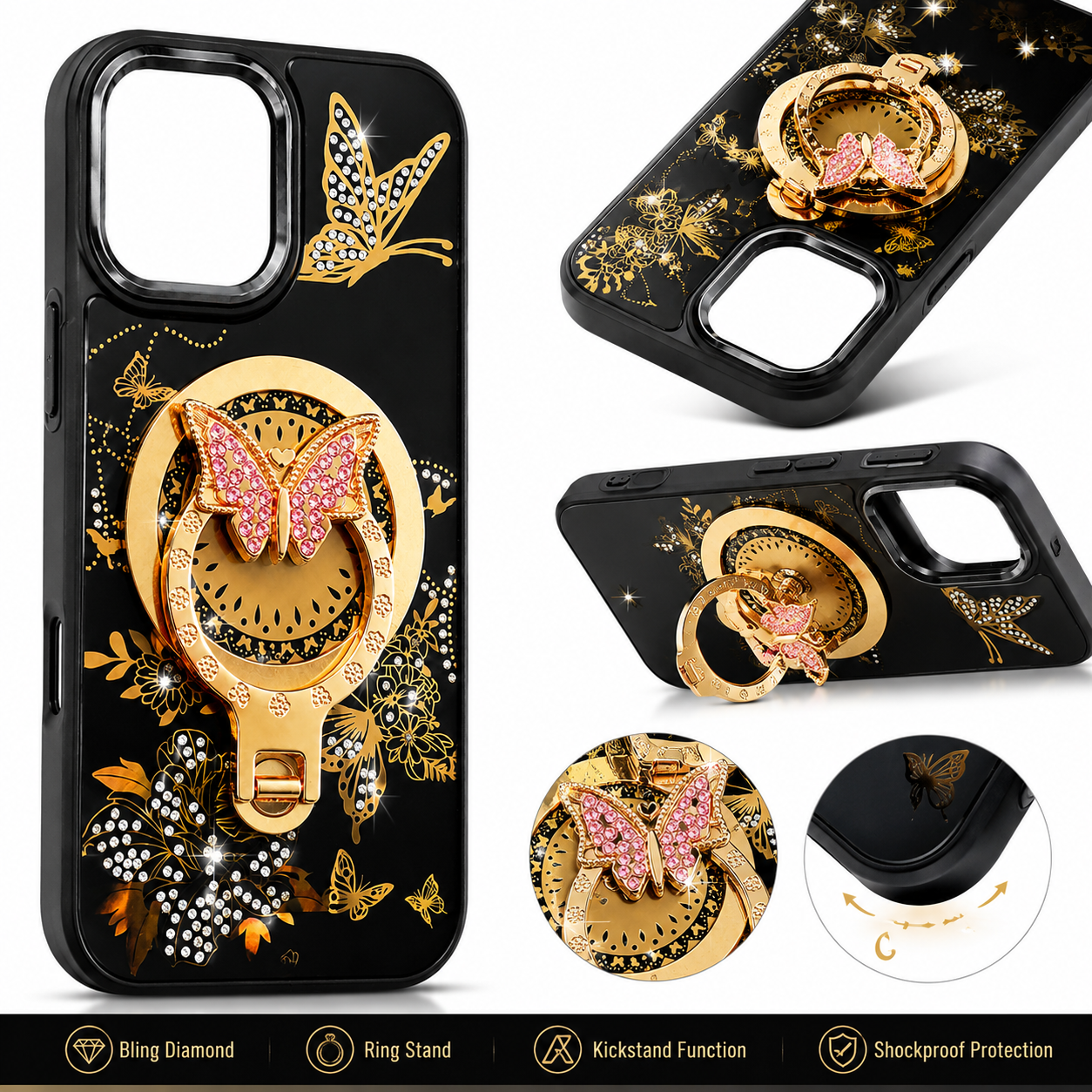 Glitter Sparkle Butterflies Ring Stand Bling Diamond Kickstand Shockproof Protective Cover in black, compatible for   IPHONE 17