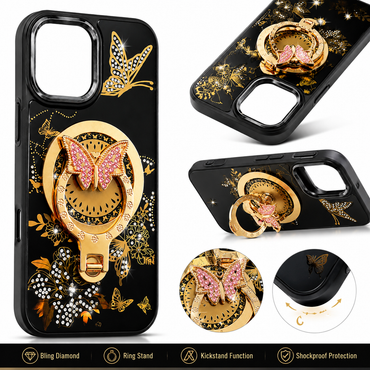 Glitter Sparkle Butterflies Ring Stand Bling Diamond Kickstand Shockproof Protective Cover in black, compatible for   IPHONE 17