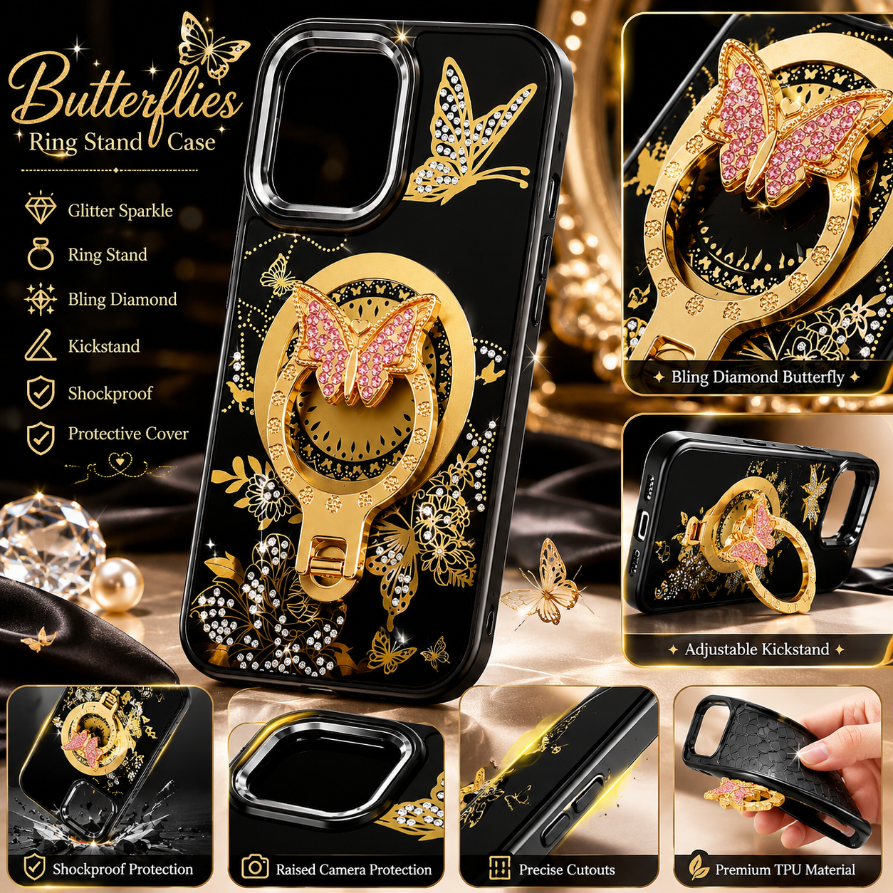 Glitter Sparkle Butterflies Ring Stand Bling Diamond Kickstand Shockproof Protective Cover in black, compatible for   IPHONE 17
