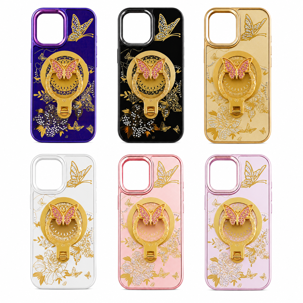 Glitter Sparkle Butterflies Ring Stand Bling Diamond Kickstand Shockproof Protective Cover in black, compatible for   IPHONE 17