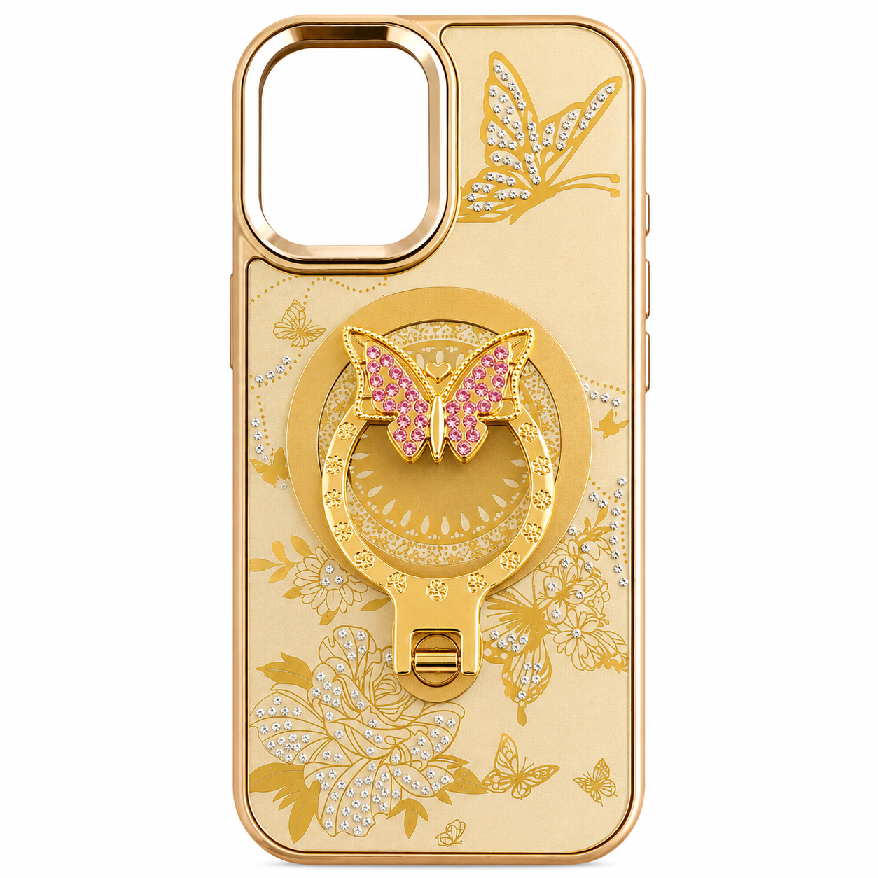 Glitter Sparkle Butterflies Ring Stand Bling Diamond Kickstand Shockproof Protective Cover in gold, compatible for   IPHONE 17