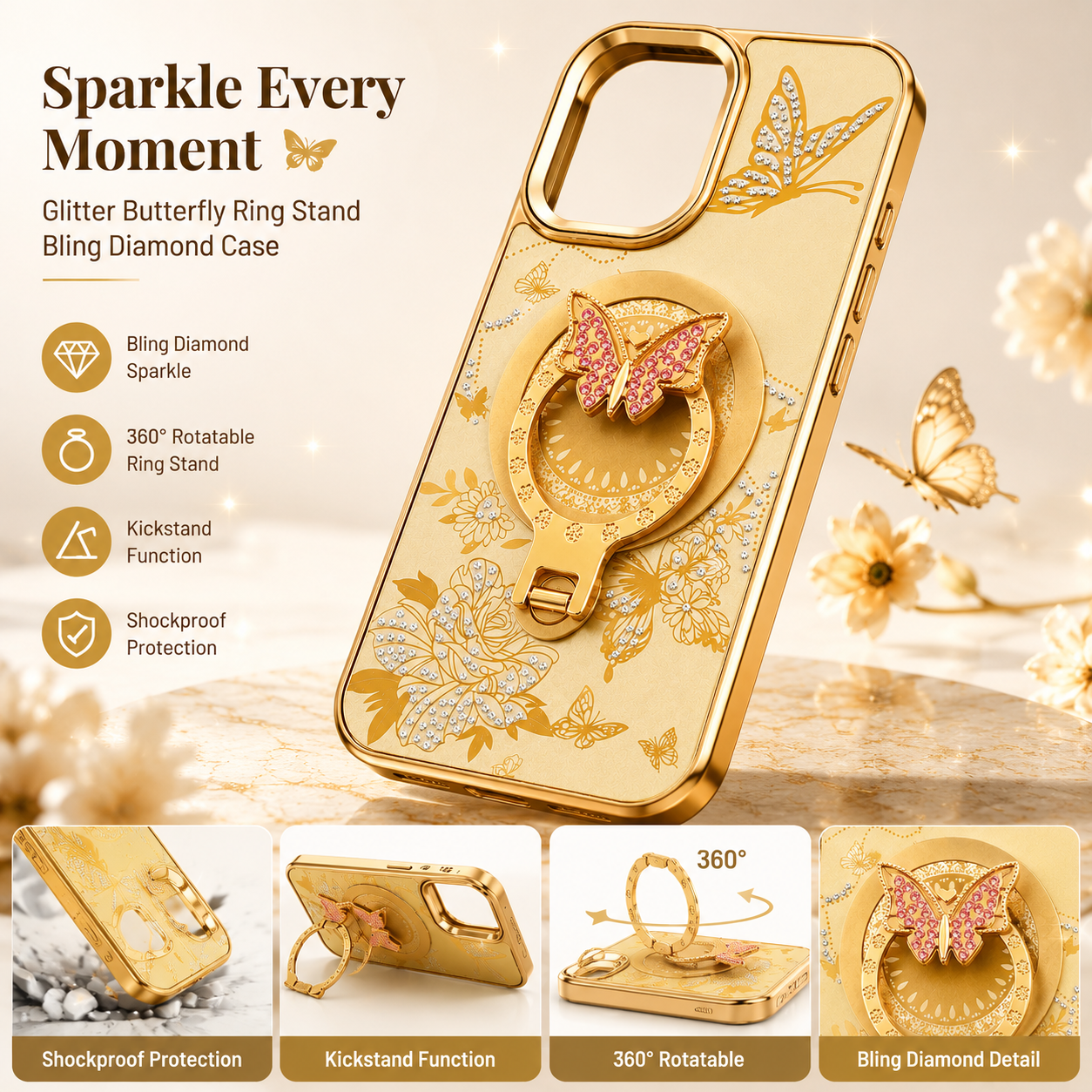 Glitter Sparkle Butterflies Ring Stand Bling Diamond Kickstand Shockproof Protective Cover in gold, compatible for   IPHONE 17