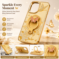 Glitter Sparkle Butterflies Ring Stand Bling Diamond Kickstand Shockproof Protective Cover in gold, compatible for   IPHONE 17