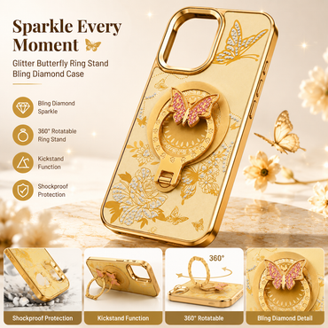 Glitter Sparkle Butterflies Ring Stand Bling Diamond Kickstand Shockproof Protective Cover in gold, compatible for   IPHONE 17