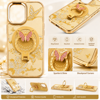 Glitter Sparkle Butterflies Ring Stand Bling Diamond Kickstand Shockproof Protective Cover in gold, compatible for   IPHONE 17