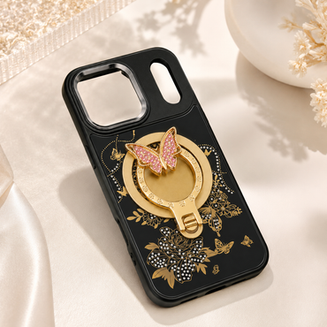 Glitter Sparkle Butterflies Ring Stand Bling Diamond Kickstand Shockproof Protective Cover in black, compatible for  IPHONE 17 PRO MAX