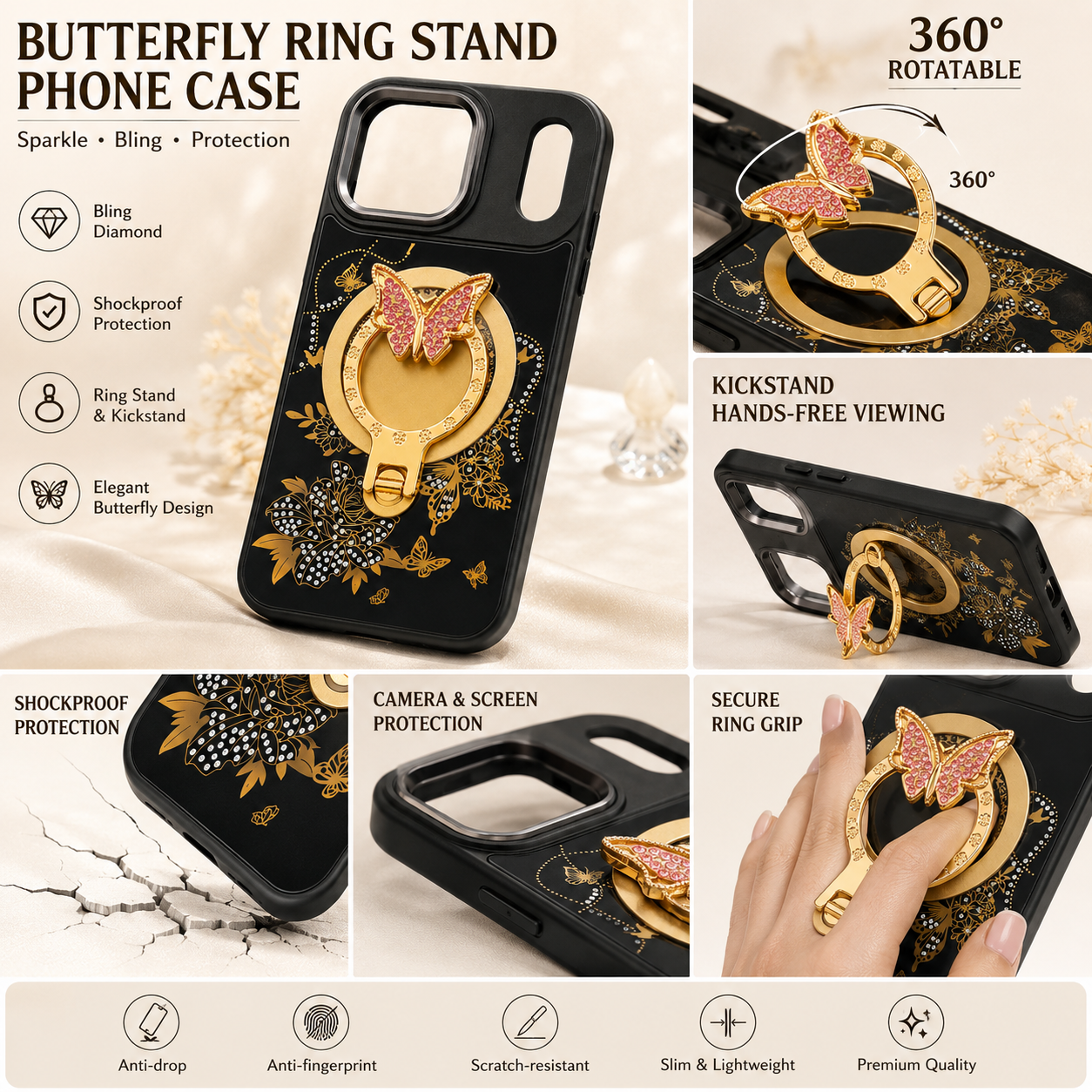 Glitter Sparkle Butterflies Ring Stand Bling Diamond Kickstand Shockproof Protective Cover in black, compatible for  IPHONE 17 PRO MAX