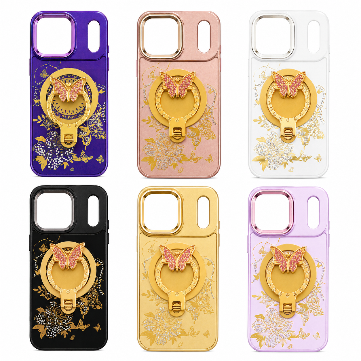 Glitter Sparkle Butterflies Ring Stand Bling Diamond Kickstand Shockproof Protective Cover in rose gold , compatible for  IPHONE 17 PRO