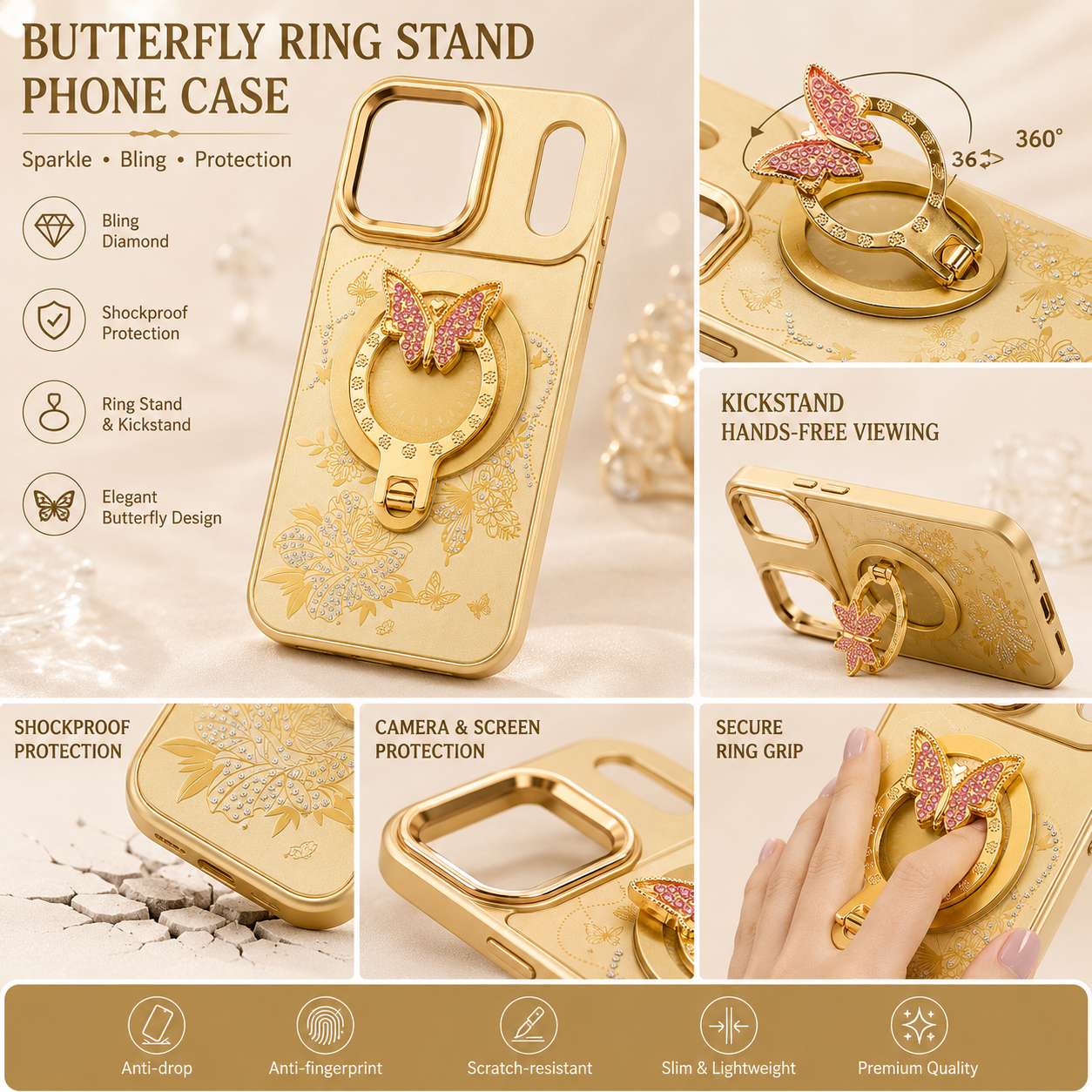 Glitter Sparkle Butterflies Ring Stand Bling Diamond Kickstand Shockproof Protective Cover in gold, compatible for IPHONE 17 PRO MAX