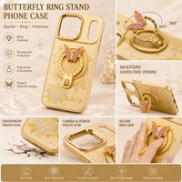 Glitter Sparkle Butterflies Ring Stand Bling Diamond Kickstand Shockproof Protective Cover in gold, compatible for IPHONE 17 PRO MAX