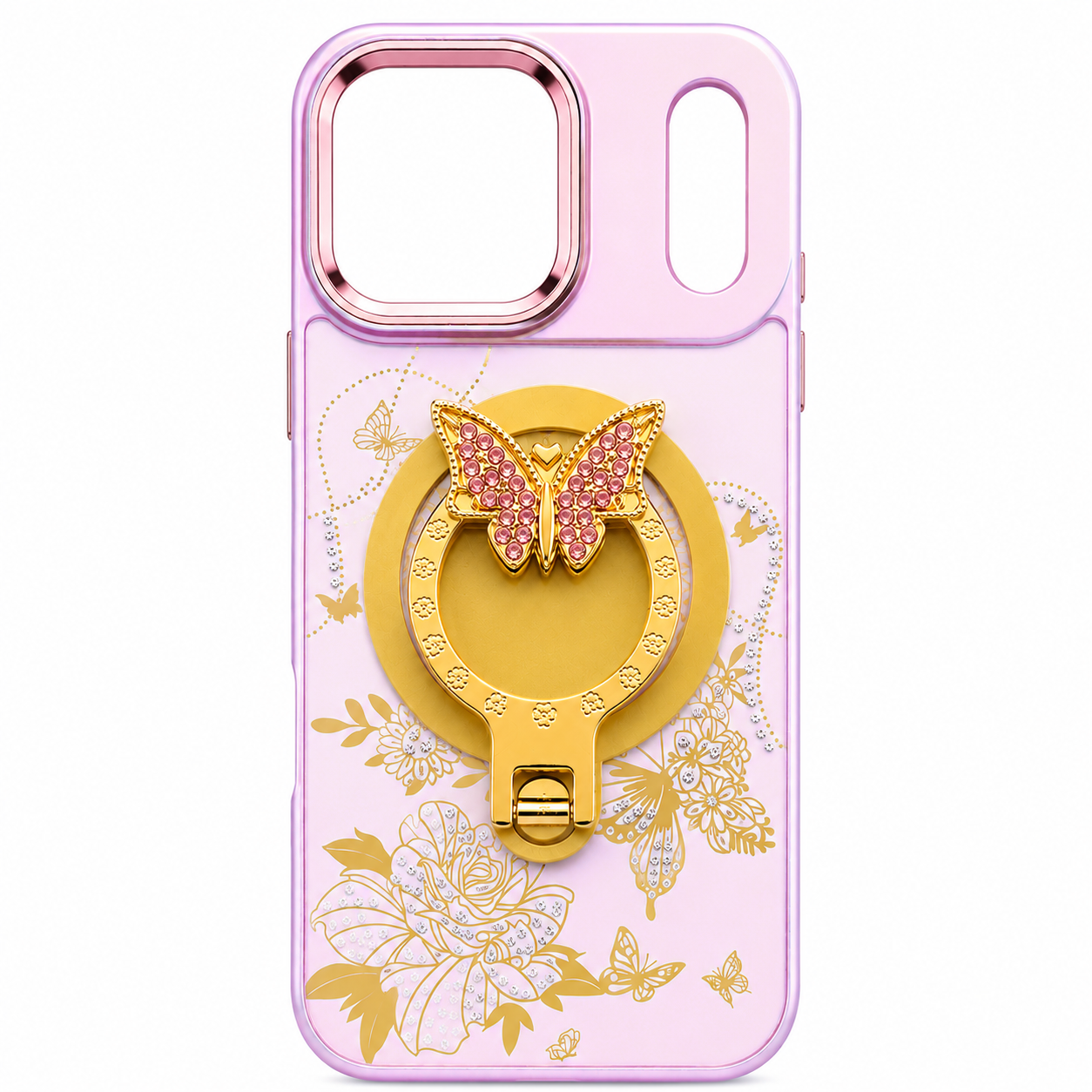 Glitter Sparkle Butterflies Ring Stand Bling Diamond Kickstand Shockproof Protective Cover in pink, compatible for  IPHONE 17 PRO