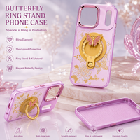 Glitter Sparkle Butterflies Ring Stand Bling Diamond Kickstand Shockproof Protective Cover in pink, compatible for  IPHONE 17 PRO