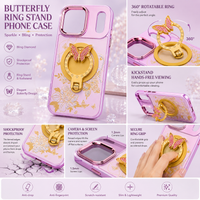 Glitter Sparkle Butterflies Ring Stand Bling Diamond Kickstand Shockproof Protective Cover in pink, compatible for  IPHONE 17 PRO