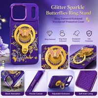 Glitter Sparkle Butterflies Ring Stand Bling Diamond Kickstand Shockproof Protective Cover in purple, compatible for  IPHONE 17 PRO