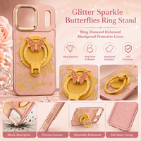 Glitter Sparkle Butterflies Ring Stand Bling Diamond Kickstand Shockproof Protective Cover in rose gold , compatible for  IPHONE 17 PRO