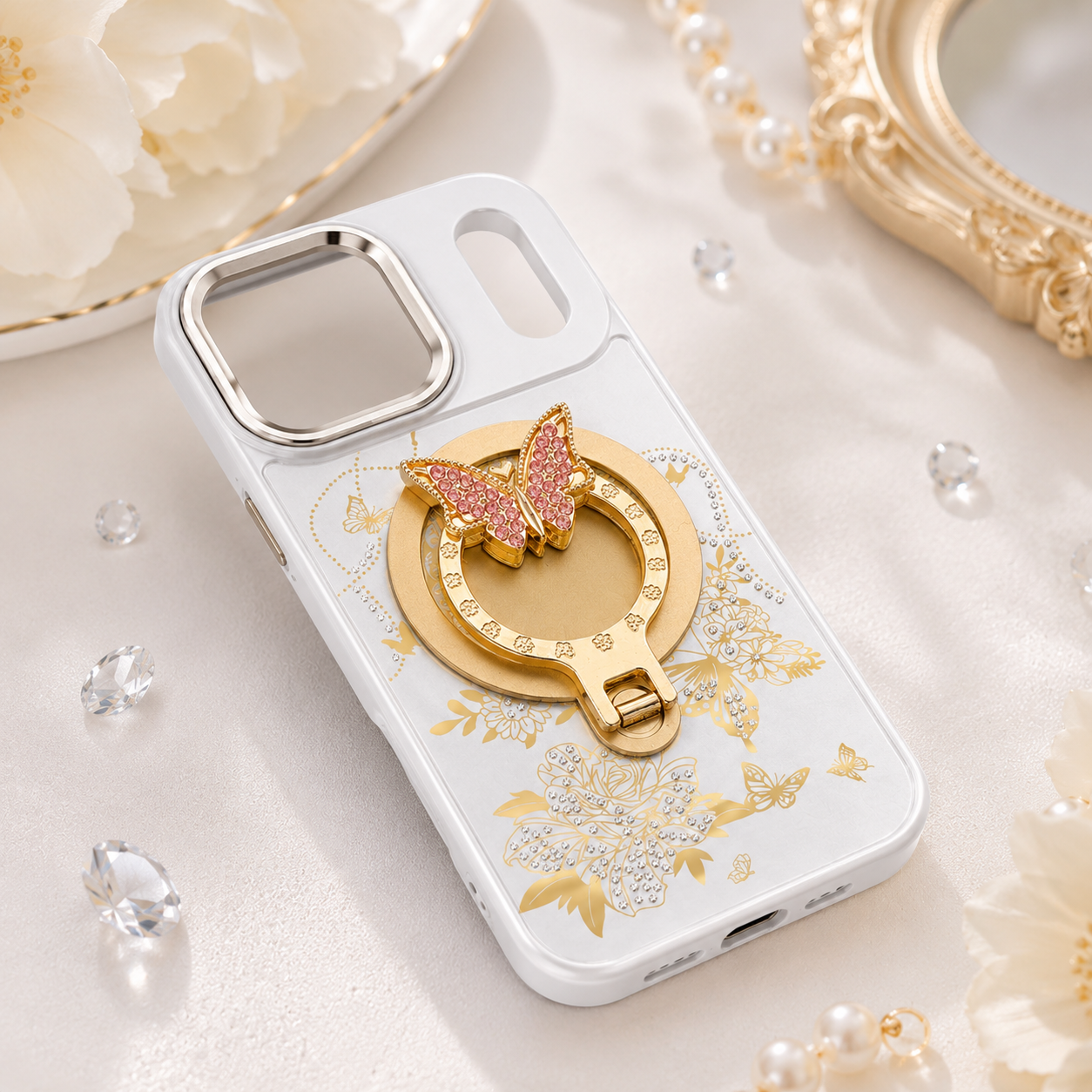Glitter Sparkle Butterflies Ring Stand Bling Diamond Kickstand Shockproof Protective Cover in silver, compatible for IPHONE 17 PRO MAX