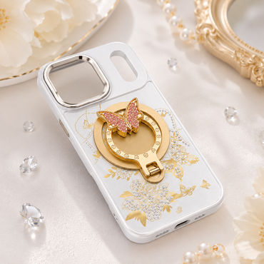 Glitter Sparkle Butterflies Ring Stand Bling Diamond Kickstand Shockproof Protective Cover in silver, compatible for IPHONE 17 PRO MAX