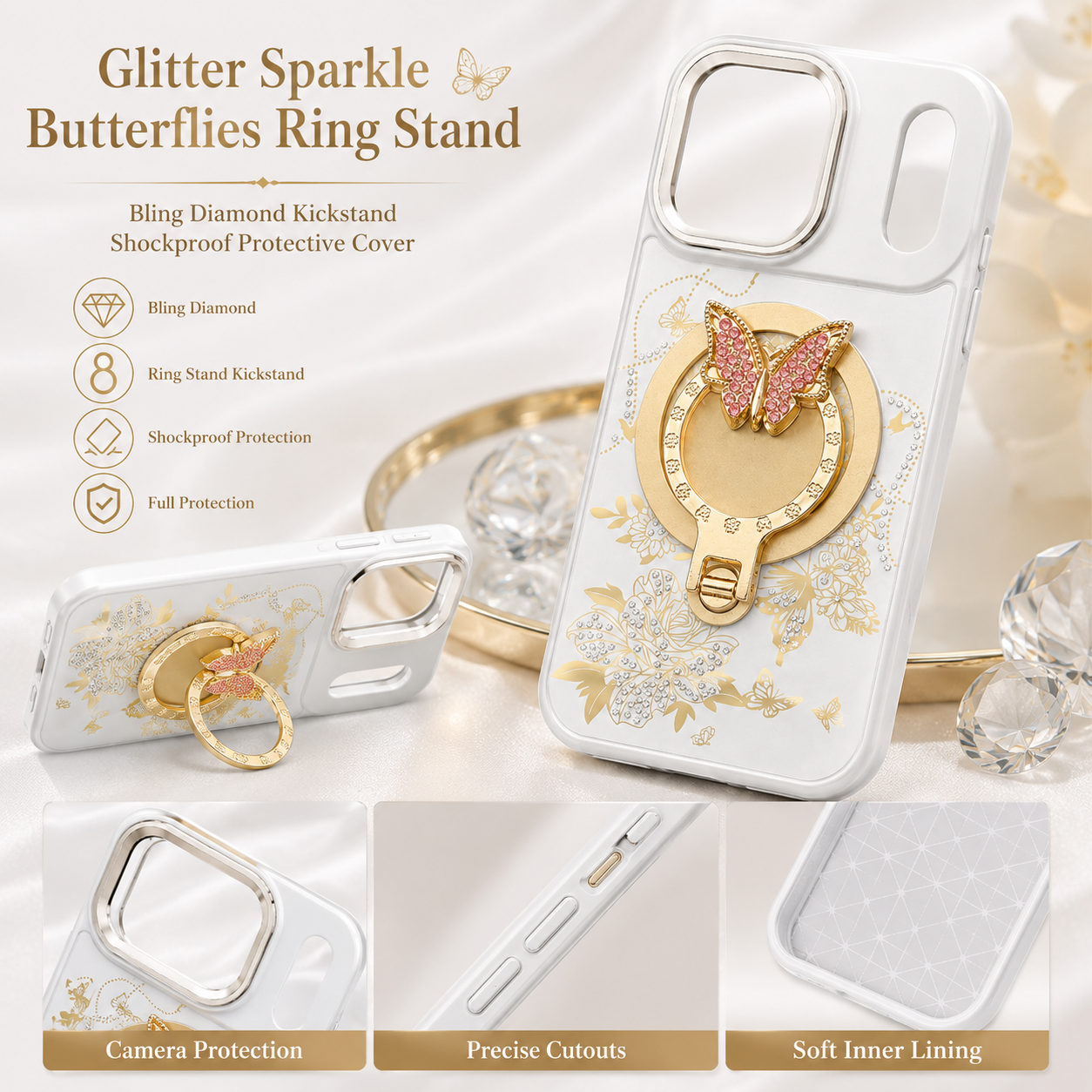 Glitter Sparkle Butterflies Ring Stand Bling Diamond Kickstand Shockproof Protective Cover in silver, compatible for IPHONE 17 PRO MAX