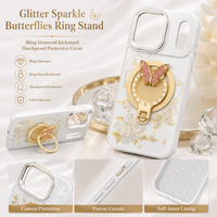 Glitter Sparkle Butterflies Ring Stand Bling Diamond Kickstand Shockproof Protective Cover in silver, compatible for IPHONE 17 PRO MAX