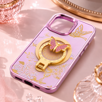 Glitter Sparkle Butterflies Ring Stand Bling Diamond Kickstand Shockproof Protective Cover in pink, compatible for   IPHONE 17
