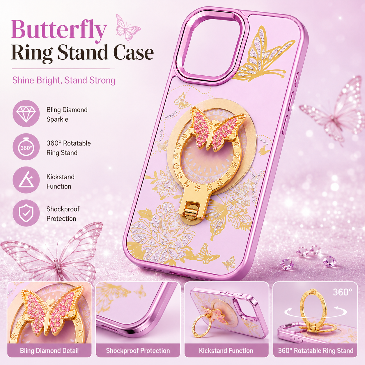 Glitter Sparkle Butterflies Ring Stand Bling Diamond Kickstand Shockproof Protective Cover in pink, compatible for   IPHONE 17