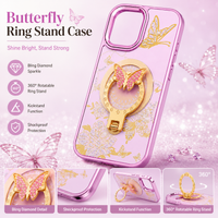 Glitter Sparkle Butterflies Ring Stand Bling Diamond Kickstand Shockproof Protective Cover in pink, compatible for   IPHONE 17