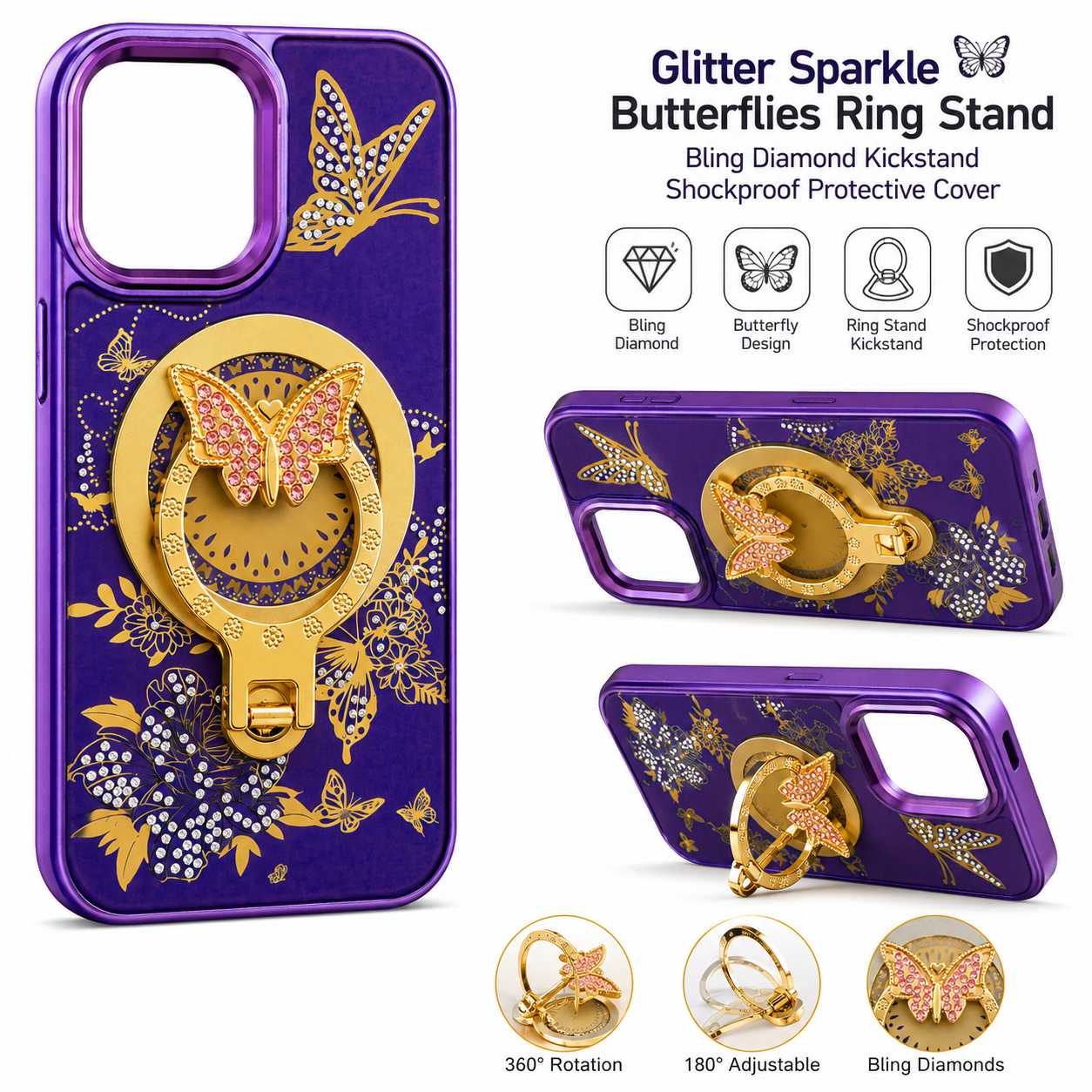 Glitter Sparkle Butterflies Ring Stand Bling Diamond Kickstand Shockproof Protective Cover in purple, compatible for   IPHONE 17