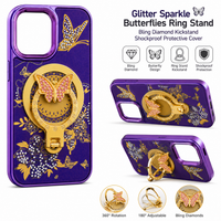 Glitter Sparkle Butterflies Ring Stand Bling Diamond Kickstand Shockproof Protective Cover in purple, compatible for   IPHONE 17