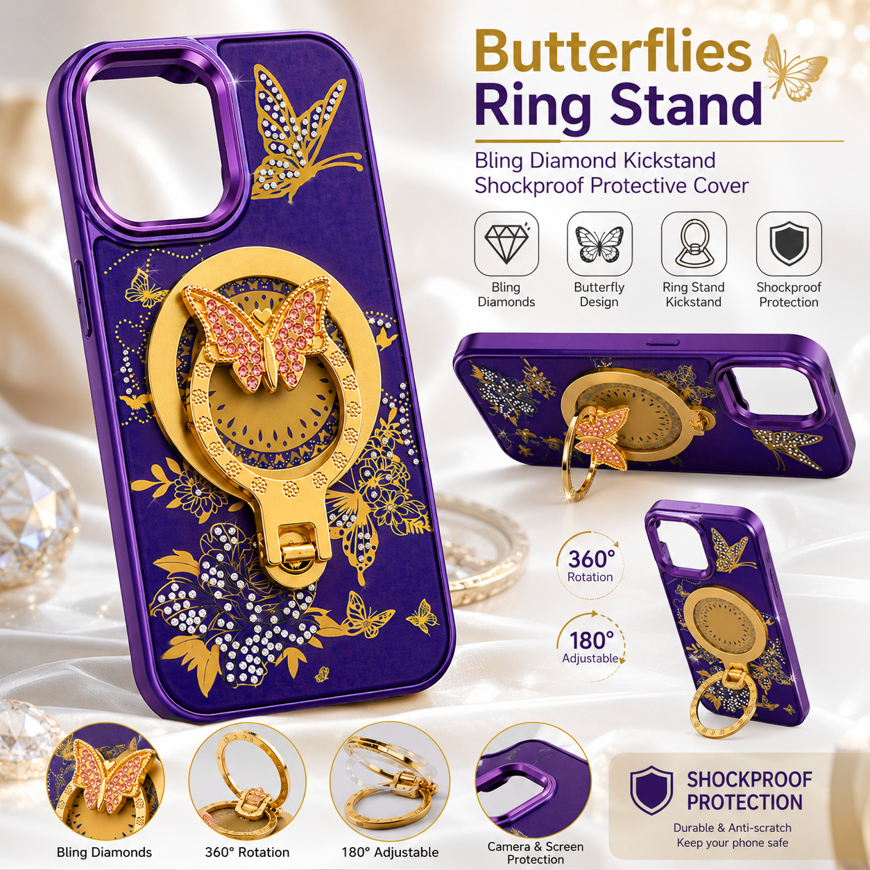 Glitter Sparkle Butterflies Ring Stand Bling Diamond Kickstand Shockproof Protective Cover in purple, compatible for   IPHONE 17