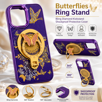 Glitter Sparkle Butterflies Ring Stand Bling Diamond Kickstand Shockproof Protective Cover in purple, compatible for   IPHONE 17