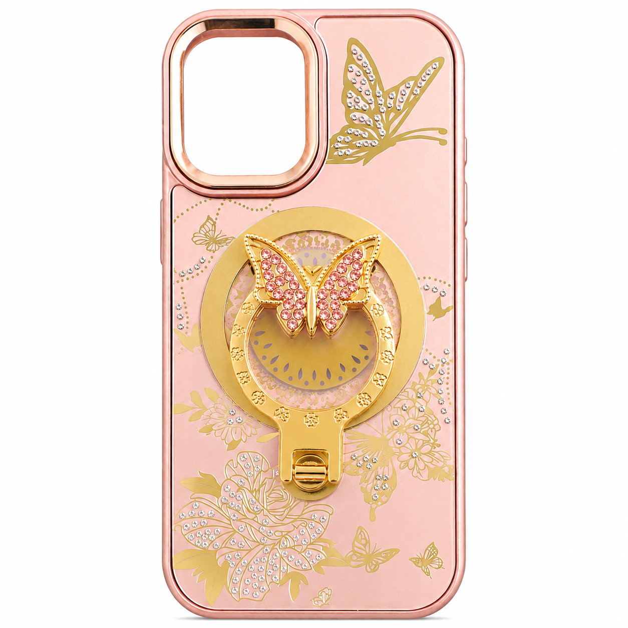 Glitter Sparkle Butterflies Ring Stand Bling Diamond Kickstand Shockproof Protective Cover in rose gold , compatible for   IPHONE 17