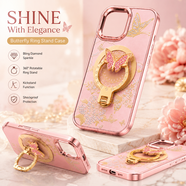 Glitter Sparkle Butterflies Ring Stand Bling Diamond Kickstand Shockproof Protective Cover in rose gold , compatible for   IPHONE 17