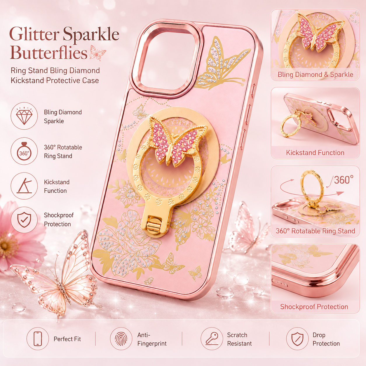 Glitter Sparkle Butterflies Ring Stand Bling Diamond Kickstand Shockproof Protective Cover in rose gold , compatible for   IPHONE 17