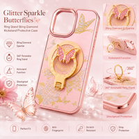 Glitter Sparkle Butterflies Ring Stand Bling Diamond Kickstand Shockproof Protective Cover in rose gold , compatible for   IPHONE 17