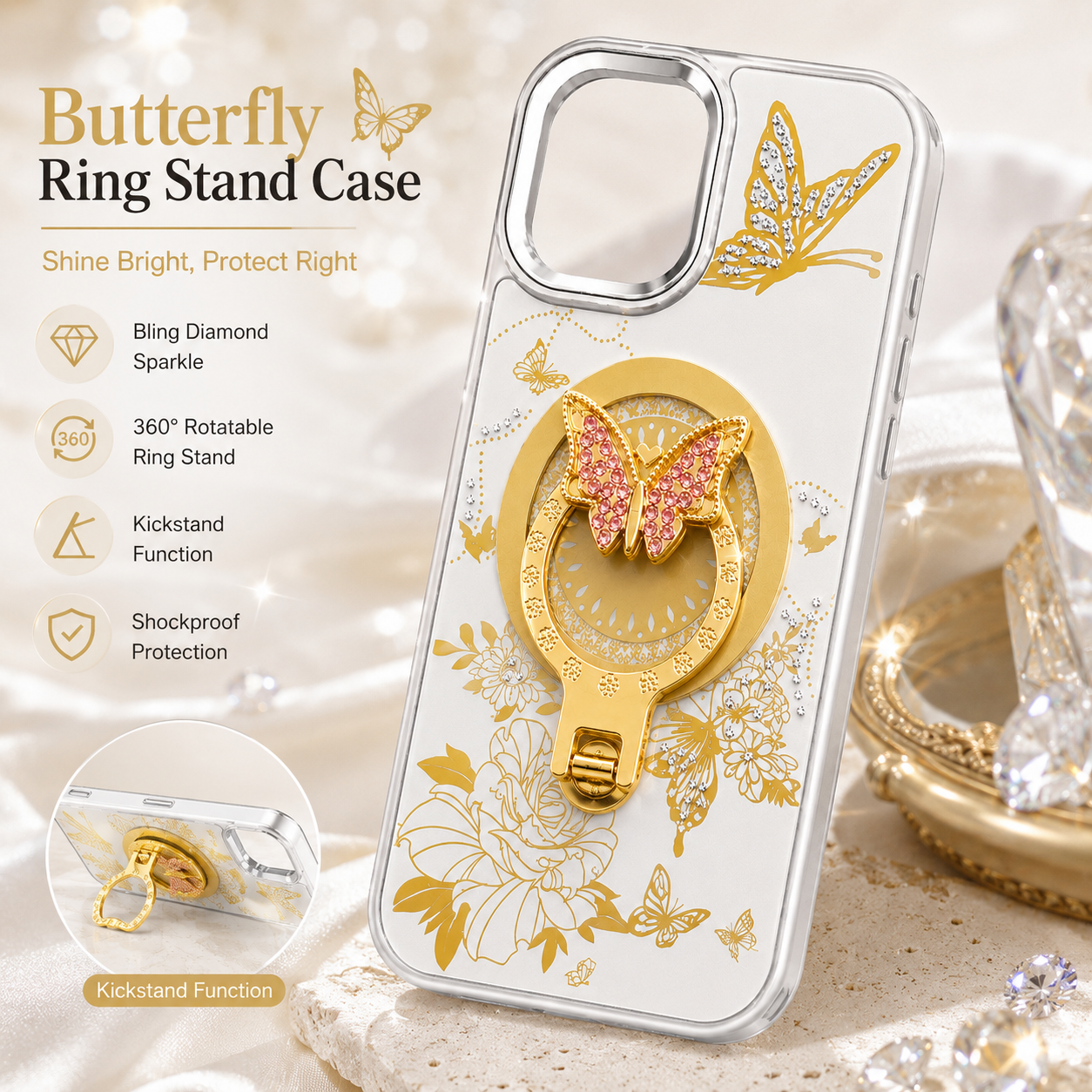 Glitter Sparkle Butterflies Ring Stand Bling Diamond Kickstand Shockproof Protective Cover in silver, compatible for   IPHONE 17