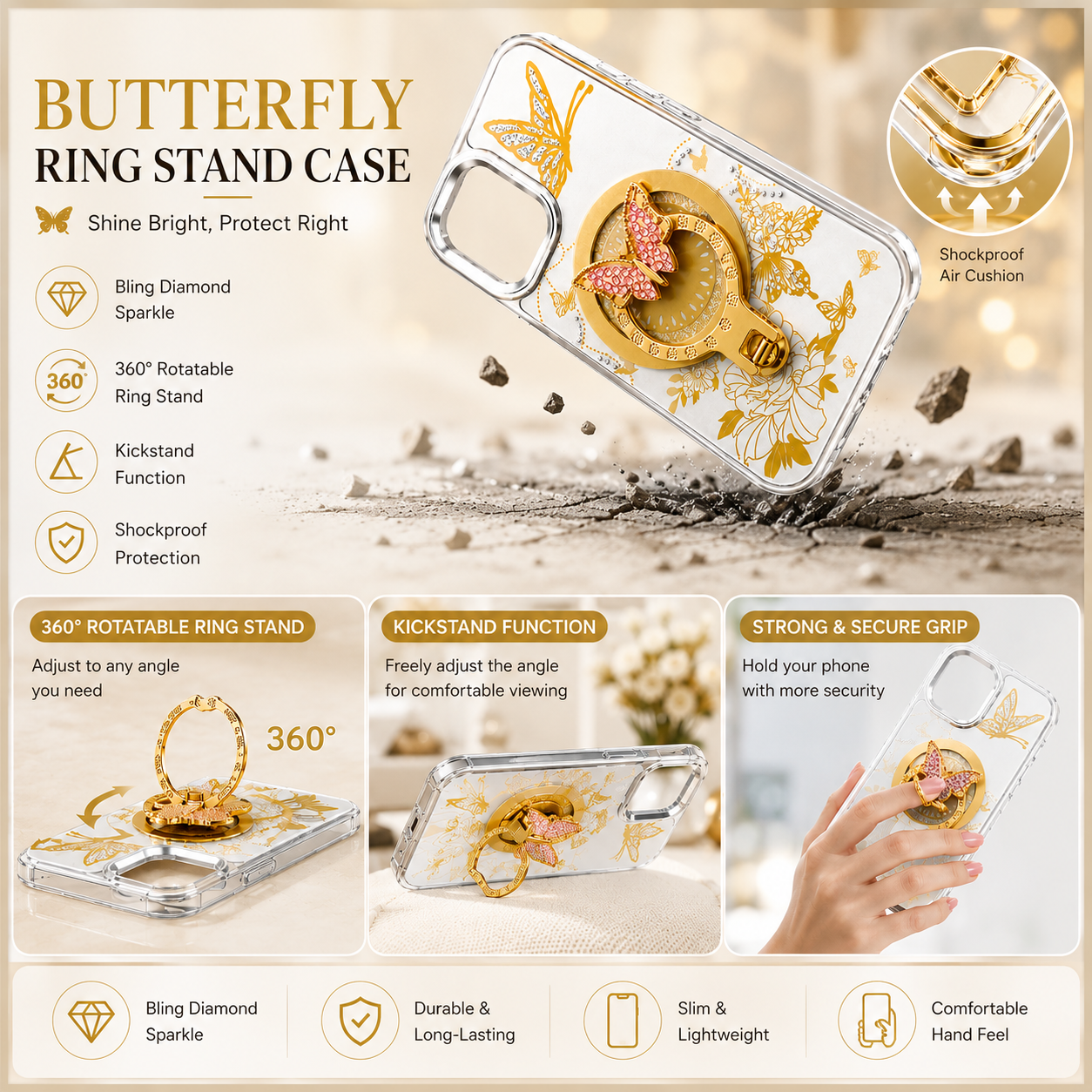 Glitter Sparkle Butterflies Ring Stand Bling Diamond Kickstand Shockproof Protective Cover in silver, compatible for   IPHONE 17