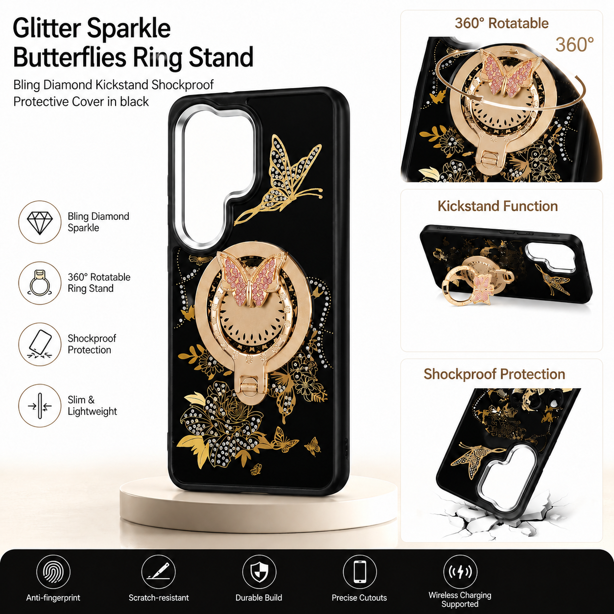 Glitter Sparkle Butterflies Ring Stand Bling Diamond Kickstand Shockproof Protective Cover in black, compatible for  SAMSUNG A37  5G