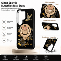 Glitter Sparkle Butterflies Ring Stand Bling Diamond Kickstand Shockproof Protective Cover in black, compatible for  SAMSUNG A37  5G