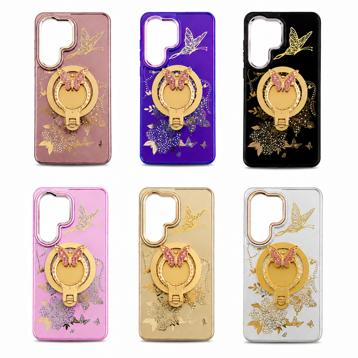 Glitter Sparkle Butterflies Ring Stand Bling Diamond Kickstand Shockproof Protective Cover in purple, compatible for  SAMSUNG S26