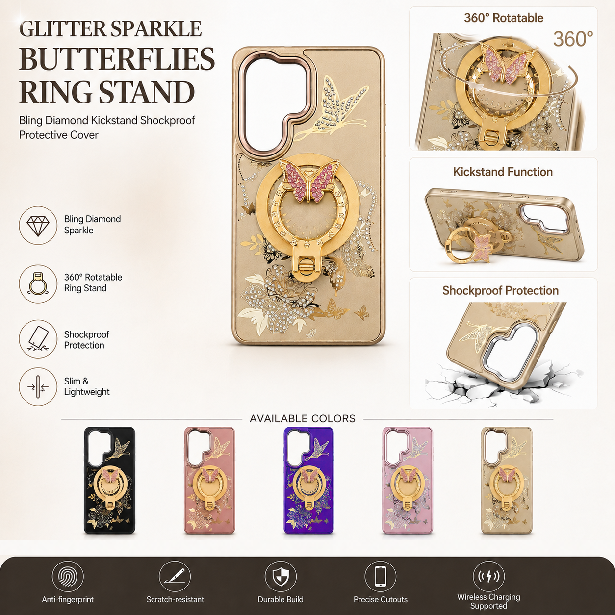 Glitter Sparkle Butterflies Ring Stand Bling Diamond Kickstand Shockproof Protective Cover in gold, compatible for  SAMSUNG A37  5G