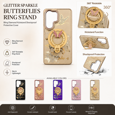 Glitter Sparkle Butterflies Ring Stand Bling Diamond Kickstand Shockproof Protective Cover in gold, compatible for  SAMSUNG A37  5G